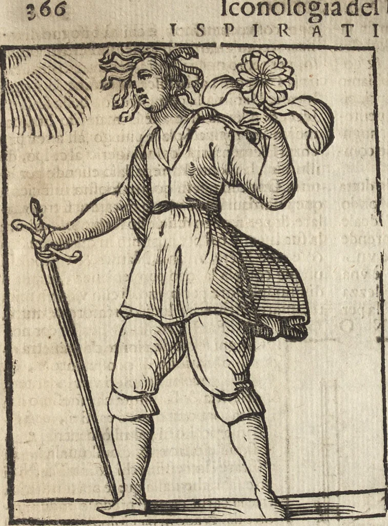 An illustration from Iconologia di Cesare Ripa perugino, caualier de' santi Mauritio & Lazaro. Divisa in tre libri, ne i quali si esprimono varie imagini di virtù, vitij, passioni humane, affetti, atti, discipline, humori, elementi, corpi celesti, prouincie d'Italia, fiumi, & altre materie infinite vtili ad ogni stato di persone. Ampliata dal sig. cav. Gio. Zaratino Castellini romano in questa vltima editione di imagini & discorsi, con indici copiosi, & ricorretta, 1669, leaf 427