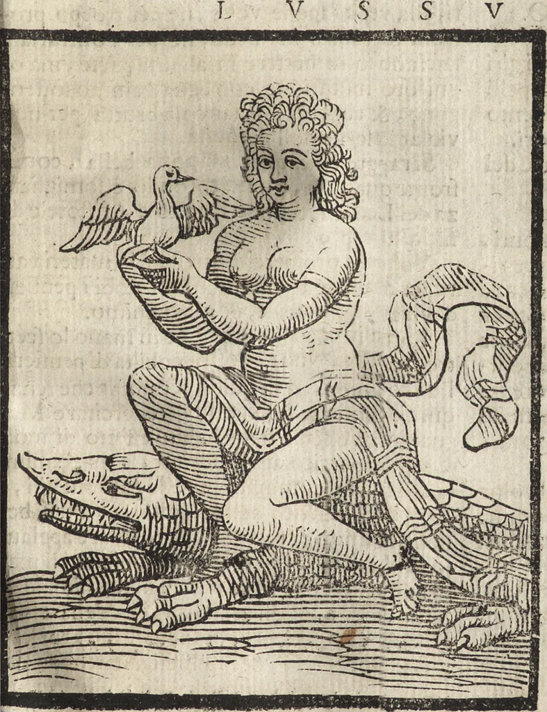 An illustration from Iconologia di Cesare Ripa perugino, caualier de' santi Mauritio & Lazaro. Divisa in tre libri, ne i quali si esprimono varie imagini di virtù, vitij, passioni humane, affetti, atti, discipline, humori, elementi, corpi celesti, prouincie d'Italia, fiumi, & altre materie infinite vtili ad ogni stato di persone. Ampliata dal sig. cav. Gio. Zaratino Castellini romano in questa vltima editione di imagini & discorsi, con indici copiosi, & ricorretta, 1669, leaf 442
