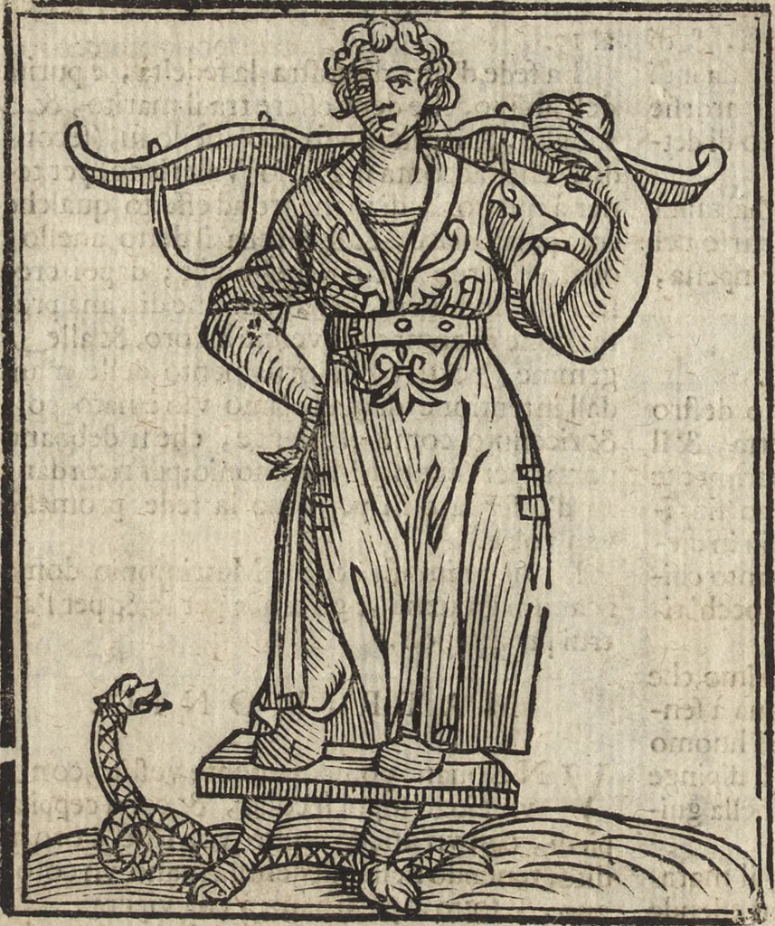 An illustration from Iconologia di Cesare Ripa perugino, caualier de' santi Mauritio & Lazaro. Divisa in tre libri, ne i quali si esprimono varie imagini di virtù, vitij, passioni humane, affetti, atti, discipline, humori, elementi, corpi celesti, prouincie d'Italia, fiumi, & altre materie infinite vtili ad ogni stato di persone. Ampliata dal sig. cav. Gio. Zaratino Castellini romano in questa vltima editione di imagini & discorsi, con indici copiosi, & ricorretta, 1669, leaf 449