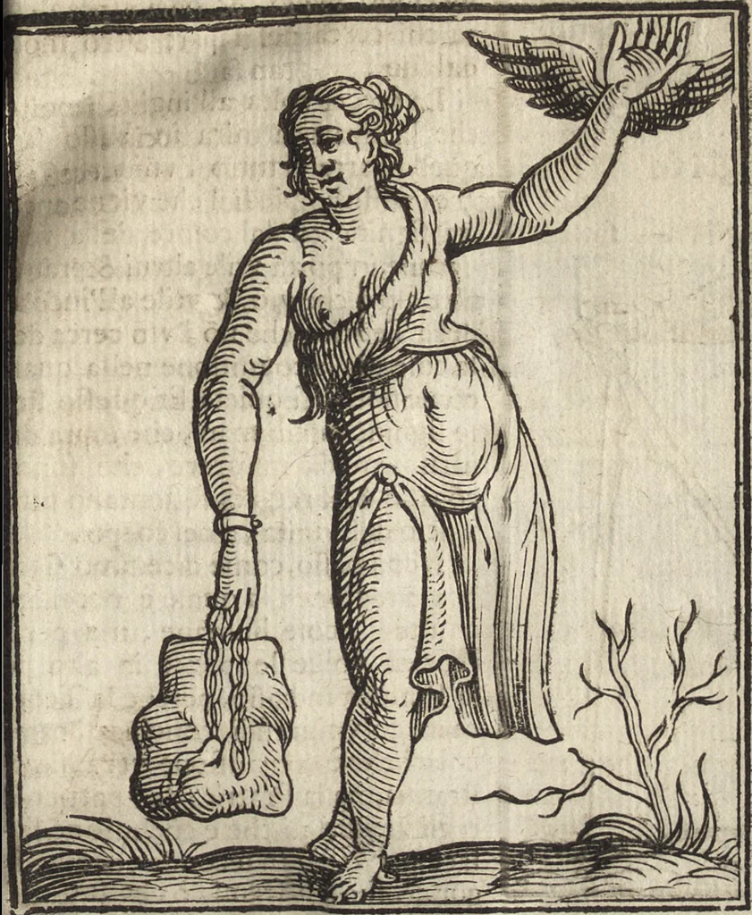 An illustration from Iconologia di Cesare Ripa perugino, caualier de' santi Mauritio & Lazaro. Divisa in tre libri, ne i quali si esprimono varie imagini di virtù, vitij, passioni humane, affetti, atti, discipline, humori, elementi, corpi celesti, prouincie d'Italia, fiumi, & altre materie infinite vtili ad ogni stato di persone. Ampliata dal sig. cav. Gio. Zaratino Castellini romano in questa vltima editione di imagini & discorsi, con indici copiosi, & ricorretta, 1669, leaf 556