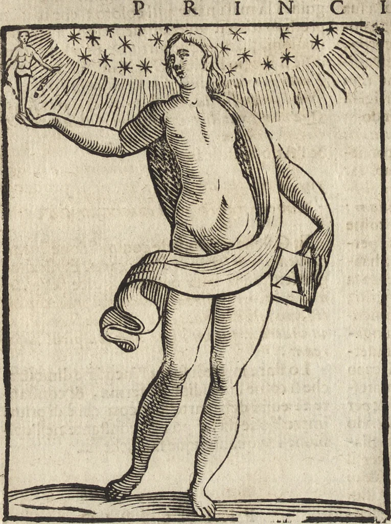 An illustration from Iconologia di Cesare Ripa perugino, caualier de' santi Mauritio & Lazaro. Divisa in tre libri, ne i quali si esprimono varie imagini di virtù, vitij, passioni humane, affetti, atti, discipline, humori, elementi, corpi celesti, prouincie d'Italia, fiumi, & altre materie infinite vtili ad ogni stato di persone. Ampliata dal sig. cav. Gio. Zaratino Castellini romano in questa vltima editione di imagini & discorsi, con indici copiosi, & ricorretta, 1669, leaf 563