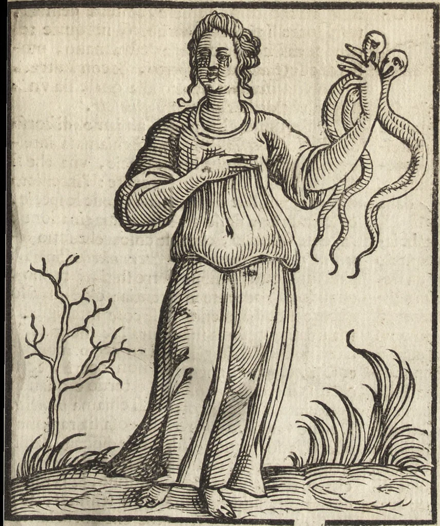 An illustration from Iconologia di Cesare Ripa perugino, caualier de' santi Mauritio & Lazaro. Divisa in tre libri, ne i quali si esprimono varie imagini di virtù, vitij, passioni humane, affetti, atti, discipline, humori, elementi, corpi celesti, prouincie d'Italia, fiumi, & altre materie infinite vtili ad ogni stato di persone. Ampliata dal sig. cav. Gio. Zaratino Castellini romano in questa vltima editione di imagini & discorsi, con indici copiosi, & ricorretta, 1669, leaf 576