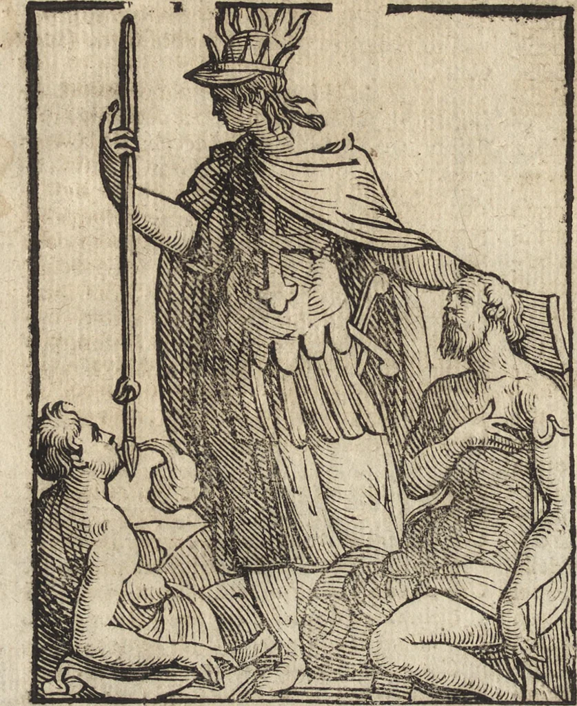 An illustration from Iconologia di Cesare Ripa perugino, caualier de' santi Mauritio & Lazaro. Divisa in tre libri, ne i quali si esprimono varie imagini di virtù, vitij, passioni humane, affetti, atti, discipline, humori, elementi, corpi celesti, prouincie d'Italia, fiumi, & altre materie infinite vtili ad ogni stato di persone. Ampliata dal sig. cav. Gio. Zaratino Castellini romano in questa vltima editione di imagini & discorsi, con indici copiosi, & ricorretta, 1669, leaf 585