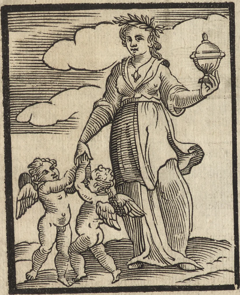 An illustration from Iconologia di Cesare Ripa perugino, caualier de' santi Mauritio & Lazaro. Divisa in tre libri, ne i quali si esprimono varie imagini di virtù, vitij, passioni humane, affetti, atti, discipline, humori, elementi, corpi celesti, prouincie d'Italia, fiumi, & altre materie infinite vtili ad ogni stato di persone. Ampliata dal sig. cav. Gio. Zaratino Castellini romano in questa vltima editione di imagini & discorsi, con indici copiosi, & ricorretta, 1669, leaf 591
