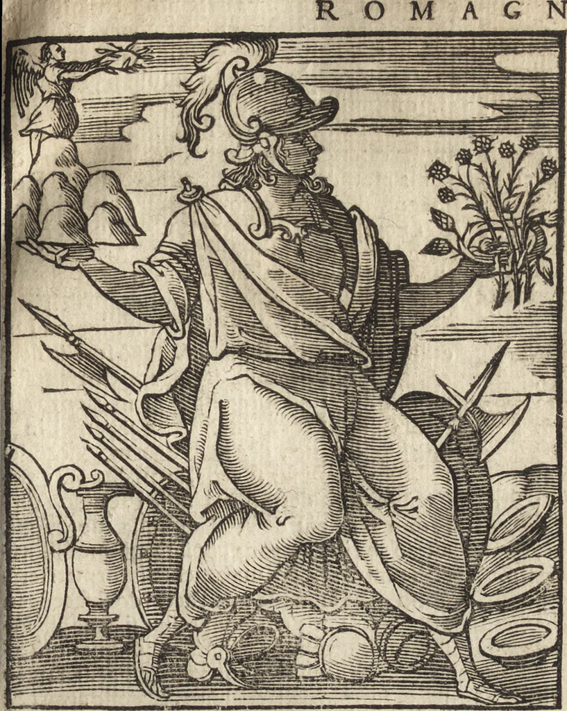 An illustration from Iconologia di Cesare Ripa perugino, caualier de' santi Mauritio & Lazaro. Divisa in tre libri, ne i quali si esprimono varie imagini di virtù, vitij, passioni humane, affetti, atti, discipline, humori, elementi, corpi celesti, prouincie d'Italia, fiumi, & altre materie infinite vtili ad ogni stato di persone. Ampliata dal sig. cav. Gio. Zaratino Castellini romano in questa vltima editione di imagini & discorsi, con indici copiosi, & ricorretta, 1669, leaf 596