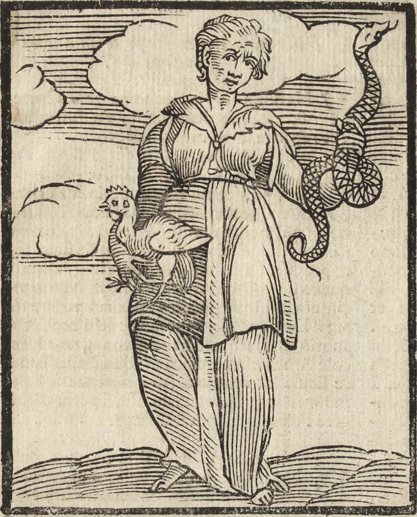 An illustration from Iconologia di Cesare Ripa perugino, caualier de' santi Mauritio & Lazaro. Divisa in tre libri, ne i quali si esprimono varie imagini di virtù, vitij, passioni humane, affetti, atti, discipline, humori, elementi, corpi celesti, prouincie d'Italia, fiumi, & altre materie infinite vtili ad ogni stato di persone. Ampliata dal sig. cav. Gio. Zaratino Castellini romano in questa vltima editione di imagini & discorsi, con indici copiosi, & ricorretta, 1669, leaf 607
