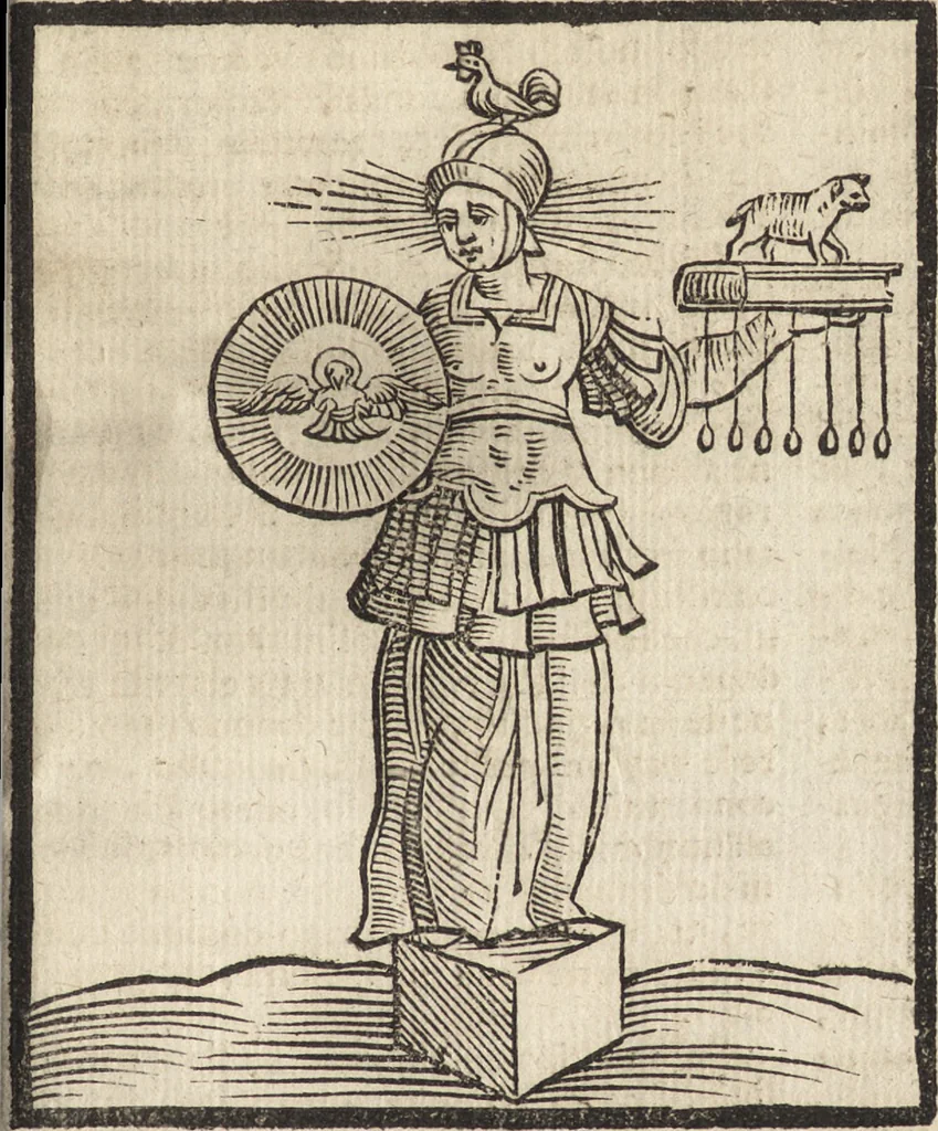 An illustration from Iconologia di Cesare Ripa perugino, caualier de' santi Mauritio & Lazaro. Divisa in tre libri, ne i quali si esprimono varie imagini di virtù, vitij, passioni humane, affetti, atti, discipline, humori, elementi, corpi celesti, prouincie d'Italia, fiumi, & altre materie infinite vtili ad ogni stato di persone. Ampliata dal sig. cav. Gio. Zaratino Castellini romano in questa vltima editione di imagini & discorsi, con indici copiosi, & ricorretta, 1669, leaf 610
