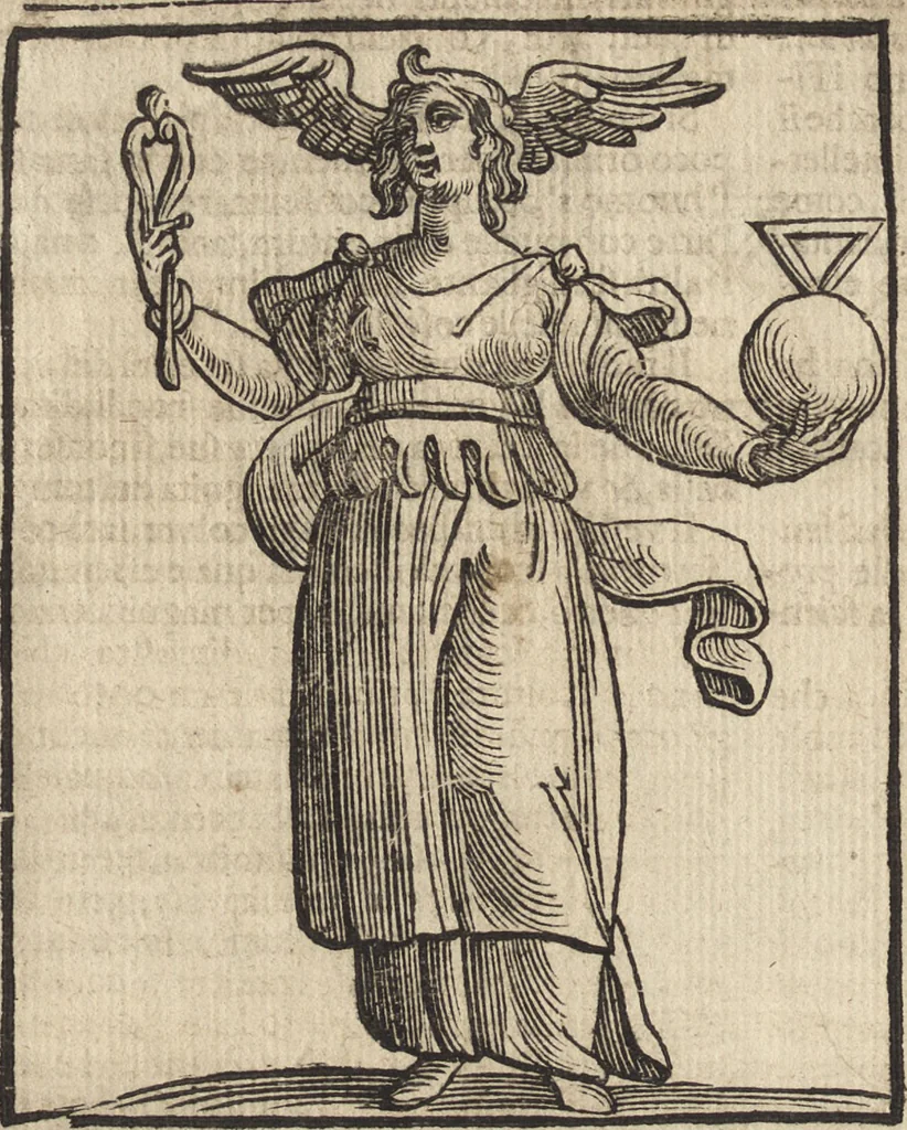 An illustration from Iconologia di Cesare Ripa perugino, caualier de' santi Mauritio & Lazaro. Divisa in tre libri, ne i quali si esprimono varie imagini di virtù, vitij, passioni humane, affetti, atti, discipline, humori, elementi, corpi celesti, prouincie d'Italia, fiumi, & altre materie infinite vtili ad ogni stato di persone. Ampliata dal sig. cav. Gio. Zaratino Castellini romano in questa vltima editione di imagini & discorsi, con indici copiosi, & ricorretta, 1669, leaf 617