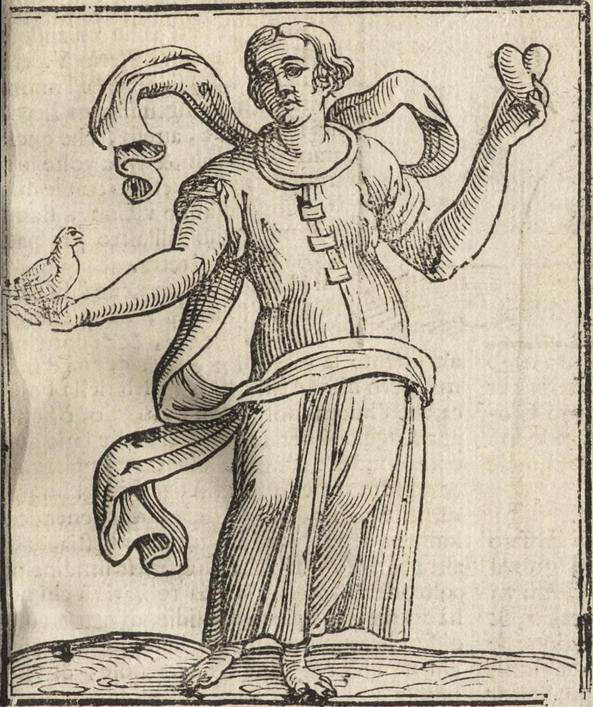 An illustration from Iconologia di Cesare Ripa perugino, caualier de' santi Mauritio & Lazaro. Divisa in tre libri, ne i quali si esprimono varie imagini di virtù, vitij, passioni humane, affetti, atti, discipline, humori, elementi, corpi celesti, prouincie d'Italia, fiumi, & altre materie infinite vtili ad ogni stato di persone. Ampliata dal sig. cav. Gio. Zaratino Castellini romano in questa vltima editione di imagini & discorsi, con indici copiosi, & ricorretta, 1669, leaf 642