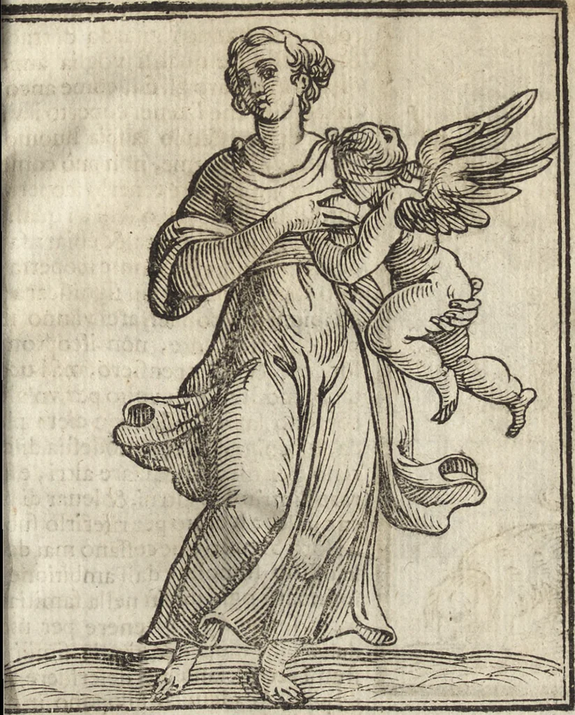 An illustration from Iconologia di Cesare Ripa perugino, caualier de' santi Mauritio & Lazaro. Divisa in tre libri, ne i quali si esprimono varie imagini di virtù, vitij, passioni humane, affetti, atti, discipline, humori, elementi, corpi celesti, prouincie d'Italia, fiumi, & altre materie infinite vtili ad ogni stato di persone. Ampliata dal sig. cav. Gio. Zaratino Castellini romano in questa vltima editione di imagini & discorsi, con indici copiosi, & ricorretta, 1669, leaf 654