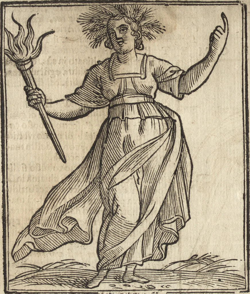 An illustration from Iconologia di Cesare Ripa perugino, caualier de' santi Mauritio & Lazaro. Divisa in tre libri, ne i quali si esprimono varie imagini di virtù, vitij, passioni humane, affetti, atti, discipline, humori, elementi, corpi celesti, prouincie d'Italia, fiumi, & altre materie infinite vtili ad ogni stato di persone. Ampliata dal sig. cav. Gio. Zaratino Castellini romano in questa vltima editione di imagini & discorsi, con indici copiosi, & ricorretta, 1669, leaf 663