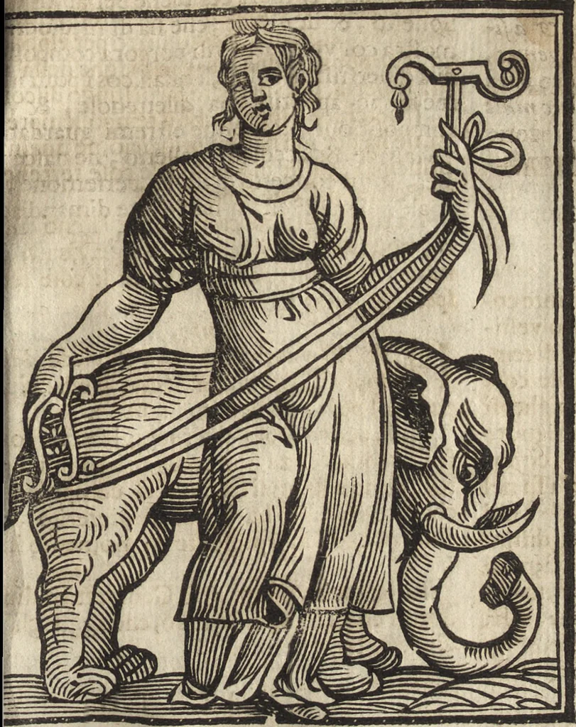 An illustration from Iconologia di Cesare Ripa perugino, caualier de' santi Mauritio & Lazaro. Divisa in tre libri, ne i quali si esprimono varie imagini di virtù, vitij, passioni humane, affetti, atti, discipline, humori, elementi, corpi celesti, prouincie d'Italia, fiumi, & altre materie infinite vtili ad ogni stato di persone. Ampliata dal sig. cav. Gio. Zaratino Castellini romano in questa vltima editione di imagini & discorsi, con indici copiosi, & ricorretta, 1669, leaf 682