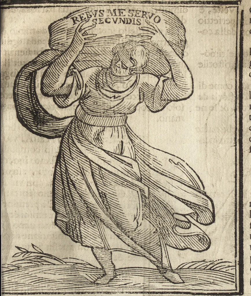 An illustration from Iconologia di Cesare Ripa perugino, caualier de' santi Mauritio & Lazaro. Divisa in tre libri, ne i quali si esprimono varie imagini di virtù, vitij, passioni humane, affetti, atti, discipline, humori, elementi, corpi celesti, prouincie d'Italia, fiumi, & altre materie infinite vtili ad ogni stato di persone. Ampliata dal sig. cav. Gio. Zaratino Castellini romano in questa vltima editione di imagini & discorsi, con indici copiosi, & ricorretta, 1669, leaf 690