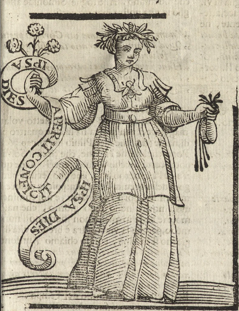 An illustration from Iconologia di Cesare Ripa perugino, caualier de' santi Mauritio & Lazaro. Divisa in tre libri, ne i quali si esprimono varie imagini di virtù, vitij, passioni humane, affetti, atti, discipline, humori, elementi, corpi celesti, prouincie d'Italia, fiumi, & altre materie infinite vtili ad ogni stato di persone. Ampliata dal sig. cav. Gio. Zaratino Castellini romano in questa vltima editione di imagini & discorsi, con indici copiosi, & ricorretta, 1669, leaf 738