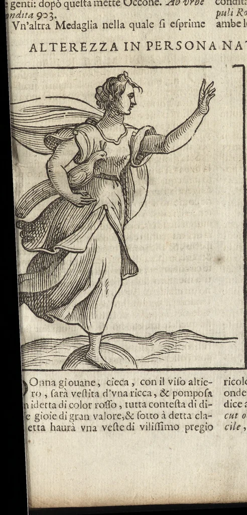 An illustration from Iconologia di Cesare Ripa perugino, caualier de' santi Mauritio & Lazaro. Divisa in tre libri, ne i quali si esprimono varie imagini di virtù, vitij, passioni humane, affetti, atti, discipline, humori, elementi, corpi celesti, prouincie d'Italia, fiumi, & altre materie infinite vtili ad ogni stato di persone. Ampliata dal sig. cav. Gio. Zaratino Castellini romano in questa vltima editione di imagini & discorsi, con indici copiosi, & ricorretta, 1669, leaf 80