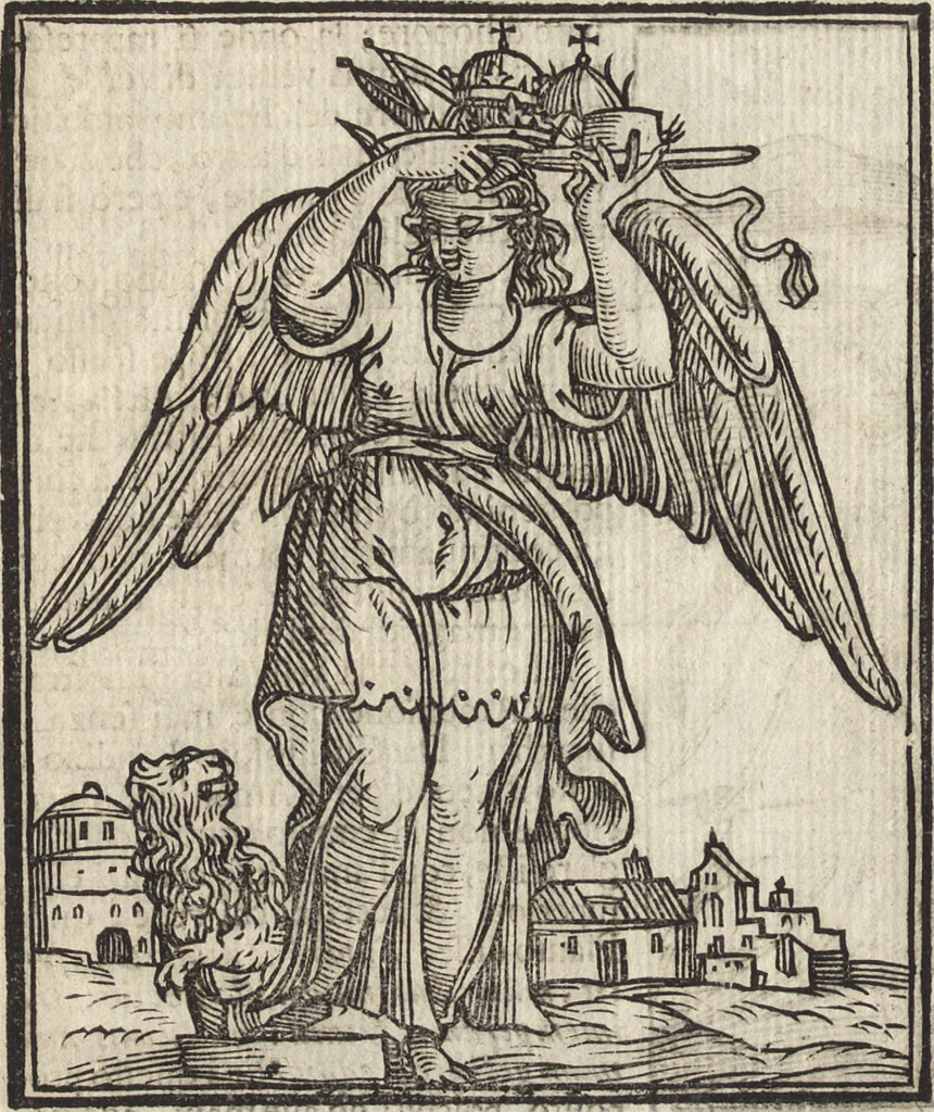 An illustration from Iconologia di Cesare Ripa perugino, caualier de' santi Mauritio & Lazaro. Divisa in tre libri, ne i quali si esprimono varie imagini di virtù, vitij, passioni humane, affetti, atti, discipline, humori, elementi, corpi celesti, prouincie d'Italia, fiumi, & altre materie infinite vtili ad ogni stato di persone. Ampliata dal sig. cav. Gio. Zaratino Castellini romano in questa vltima editione di imagini & discorsi, con indici copiosi, & ricorretta, 1669, leaf 83