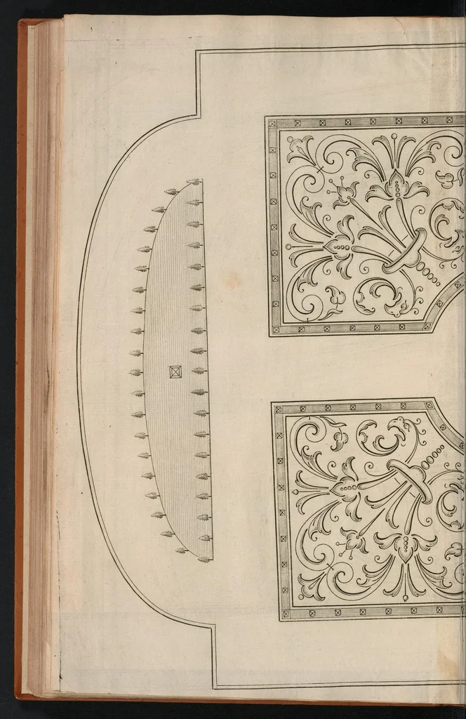 An illustration from Le jardin de plaisir : contenant plusieurs desseins de jardinage tant parterres en broderie, compartiments de gazon, que bosquets & autres : avec vn abbregé de l'agriculture, touchant ce qui peut estre le plus vtile & necessaire a la construction & accompagnement dudict jardin de plaisir : composé & divisé en onze chapitres, 1651, leaf 141