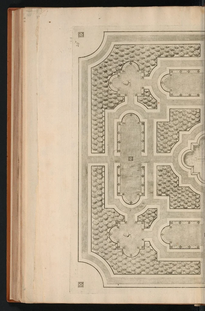 An illustration from Le jardin de plaisir : contenant plusieurs desseins de jardinage tant parterres en broderie, compartiments de gazon, que bosquets & autres : avec vn abbregé de l'agriculture, touchant ce qui peut estre le plus vtile & necessaire a la construction & accompagnement dudict jardin de plaisir : composé & divisé en onze chapitres, 1651, leaf 197