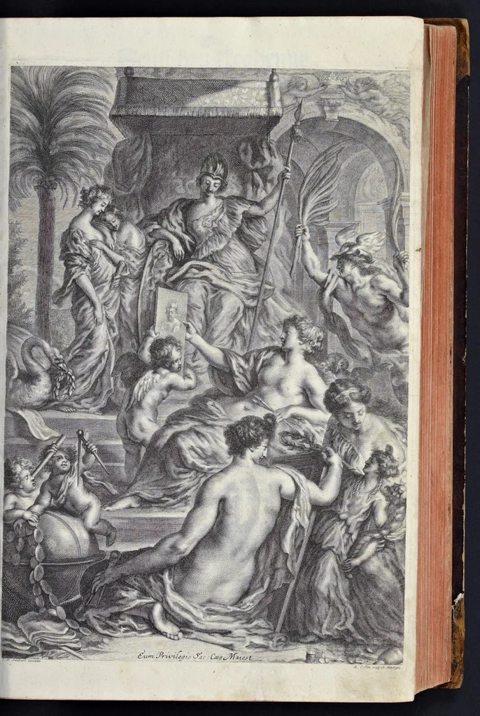 An illustration from L'Academia todesca della architectura, scultura & pittura, oder, Teutsche Academie der Edlen Bau- Bild- und Mahlerey-Künste : darinn enthalten ein gründlicher Unterricht von dieser dreyer Künste Eigenschaft, Lehr-Sätzen und Geheimnissen, von den Bau-Steinen und fünferley Bau-Arten, von den Statuen und ihrer Zugehör, von der Erfind- und Zeichnung ... neben aller Egyptischen, Griechischen, Römischen, Italiänischen, Hoch- und Nieder-Teutschen, auch anderer alten und neuen Virtuosen, Leben und fürnehmsten Kunst-Werken beschrieben : auch mit 38 Platten von der Architectur, 68 Alt-Römischen Statuen, ganz und halben Bildern, 74 Medaglionen, 180 Contrafäten durch die Hand der bästen heutigen Künstlere in Kupfer gezieret, 1675, leaf 6