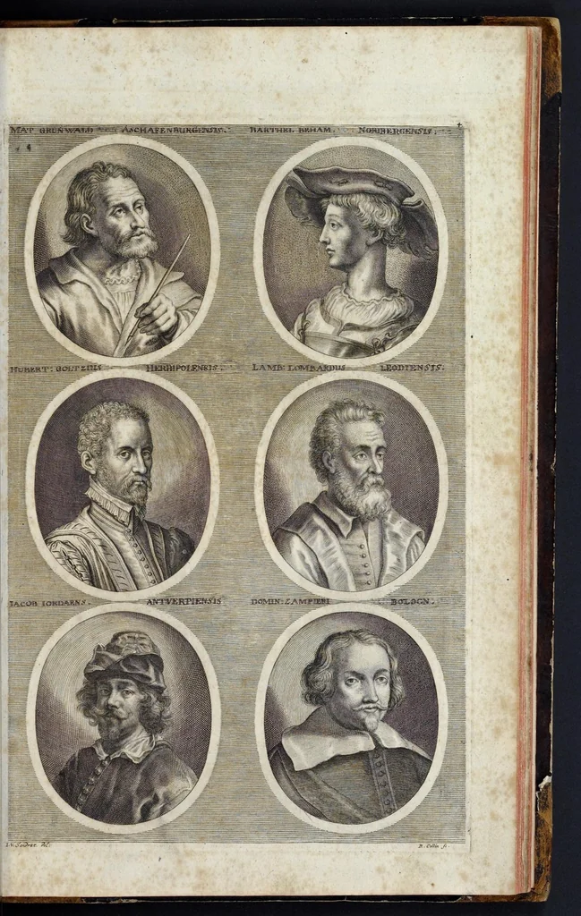An illustration from L'Academia todesca della architectura, scultura & pittura, oder, Teutsche Academie der Edlen Bau- Bild- und Mahlerey-Künste : darinn enthalten ein gründlicher Unterricht von dieser dreyer Künste Eigenschaft, Lehr-Sätzen und Geheimnissen, von den Bau-Steinen und fünferley Bau-Arten, von den Statuen und ihrer Zugehör, von der Erfind- und Zeichnung ... neben aller Egyptischen, Griechischen, Römischen, Italiänischen, Hoch- und Nieder-Teutschen, auch anderer alten und neuen Virtuosen, Leben und fürnehmsten Kunst-Werken beschrieben : auch mit 38 Platten von der Architectur, 68 Alt-Römischen Statuen, ganz und halben Bildern, 74 Medaglionen, 180 Contrafäten durch die Hand der bästen heutigen Künstlere in Kupfer gezieret, 1675, leaf 618