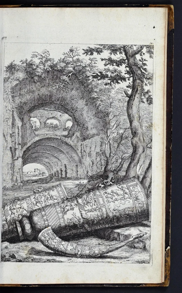 An illustration from L'Academia todesca della architectura, scultura & pittura, oder, Teutsche Academie der Edlen Bau- Bild- und Mahlerey-Künste : darinn enthalten ein gründlicher Unterricht von dieser dreyer Künste Eigenschaft, Lehr-Sätzen und Geheimnissen, von den Bau-Steinen und fünferley Bau-Arten, von den Statuen und ihrer Zugehör, von der Erfind- und Zeichnung ... neben aller Egyptischen, Griechischen, Römischen, Italiänischen, Hoch- und Nieder-Teutschen, auch anderer alten und neuen Virtuosen, Leben und fürnehmsten Kunst-Werken beschrieben : auch mit 38 Platten von der Architectur, 68 Alt-Römischen Statuen, ganz und halben Bildern, 74 Medaglionen, 180 Contrafäten durch die Hand der bästen heutigen Künstlere in Kupfer gezieret, 1675, leaf 658