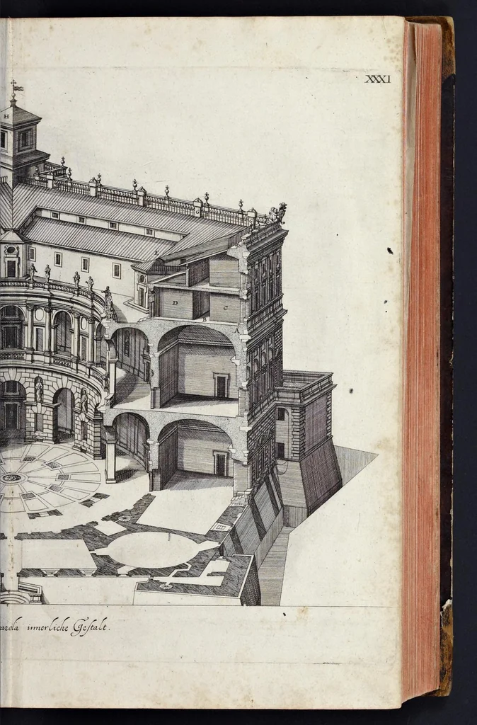 An illustration from L'Academia todesca della architectura, scultura & pittura, oder, Teutsche Academie der Edlen Bau- Bild- und Mahlerey-Künste : darinn enthalten ein gründlicher Unterricht von dieser dreyer Künste Eigenschaft, Lehr-Sätzen und Geheimnissen, von den Bau-Steinen und fünferley Bau-Arten, von den Statuen und ihrer Zugehör, von der Erfind- und Zeichnung ... neben aller Egyptischen, Griechischen, Römischen, Italiänischen, Hoch- und Nieder-Teutschen, auch anderer alten und neuen Virtuosen, Leben und fürnehmsten Kunst-Werken beschrieben : auch mit 38 Platten von der Architectur, 68 Alt-Römischen Statuen, ganz und halben Bildern, 74 Medaglionen, 180 Contrafäten durch die Hand der bästen heutigen Künstlere in Kupfer gezieret, 1675, leaf 88