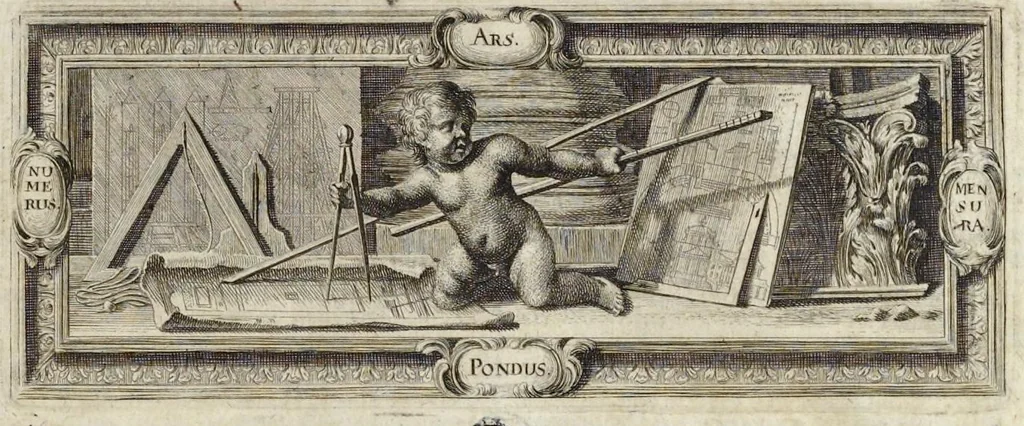 An illustration from L'Academia todesca della architectura, scultura & pittura, oder, Teutsche Academie der Edlen Bau- Bild- und Mahlerey-Künste : darinn enthalten ein gründlicher Unterricht von dieser dreyer Künste Eigenschaft, Lehr-Sätzen und Geheimnissen, von den Bau-Steinen und fünferley Bau-Arten, von den Statuen und ihrer Zugehör, von der Erfind- und Zeichnung ... neben aller Egyptischen, Griechischen, Römischen, Italiänischen, Hoch- und Nieder-Teutschen, auch anderer alten und neuen Virtuosen, Leben und fürnehmsten Kunst-Werken beschrieben : auch mit 38 Platten von der Architectur, 68 Alt-Römischen Statuen, ganz und halben Bildern, 74 Medaglionen, 180 Contrafäten durch die Hand der bästen heutigen Künstlere in Kupfer gezieret, 1675, leaf 100