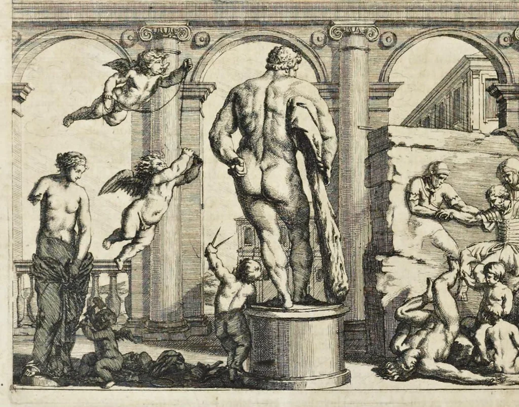 An illustration from L'Academia todesca della architectura, scultura & pittura, oder, Teutsche Academie der Edlen Bau- Bild- und Mahlerey-Künste : darinn enthalten ein gründlicher Unterricht von dieser dreyer Künste Eigenschaft, Lehr-Sätzen und Geheimnissen, von den Bau-Steinen und fünferley Bau-Arten, von den Statuen und ihrer Zugehör, von der Erfind- und Zeichnung ... neben aller Egyptischen, Griechischen, Römischen, Italiänischen, Hoch- und Nieder-Teutschen, auch anderer alten und neuen Virtuosen, Leben und fürnehmsten Kunst-Werken beschrieben : auch mit 38 Platten von der Architectur, 68 Alt-Römischen Statuen, ganz und halben Bildern, 74 Medaglionen, 180 Contrafäten durch die Hand der bästen heutigen Künstlere in Kupfer gezieret, 1675, leaf 249