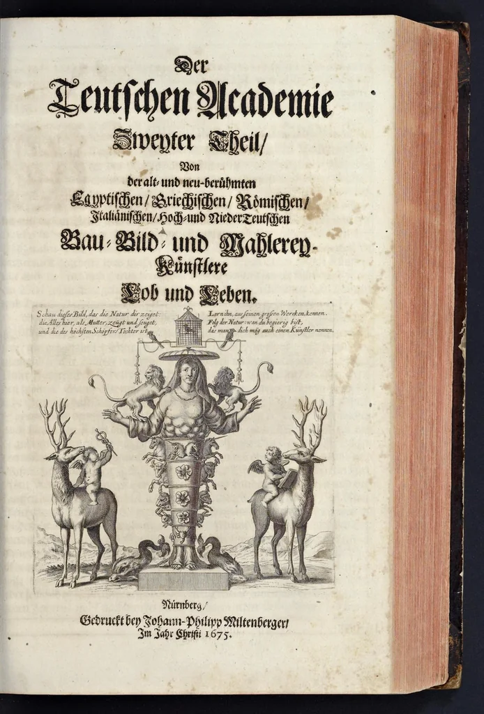 An illustration from L'Academia todesca della architectura, scultura & pittura, oder, Teutsche Academie der Edlen Bau- Bild- und Mahlerey-Künste : darinn enthalten ein gründlicher Unterricht von dieser dreyer Künste Eigenschaft, Lehr-Sätzen und Geheimnissen, von den Bau-Steinen und fünferley Bau-Arten, von den Statuen und ihrer Zugehör, von der Erfind- und Zeichnung ... neben aller Egyptischen, Griechischen, Römischen, Italiänischen, Hoch- und Nieder-Teutschen, auch anderer alten und neuen Virtuosen, Leben und fürnehmsten Kunst-Werken beschrieben : auch mit 38 Platten von der Architectur, 68 Alt-Römischen Statuen, ganz und halben Bildern, 74 Medaglionen, 180 Contrafäten durch die Hand der bästen heutigen Künstlere in Kupfer gezieret, 1675, leaf 288