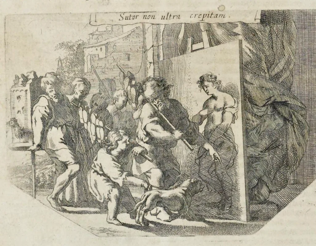 An illustration from L'Academia todesca della architectura, scultura & pittura, oder, Teutsche Academie der Edlen Bau- Bild- und Mahlerey-Künste : darinn enthalten ein gründlicher Unterricht von dieser dreyer Künste Eigenschaft, Lehr-Sätzen und Geheimnissen, von den Bau-Steinen und fünferley Bau-Arten, von den Statuen und ihrer Zugehör, von der Erfind- und Zeichnung ... neben aller Egyptischen, Griechischen, Römischen, Italiänischen, Hoch- und Nieder-Teutschen, auch anderer alten und neuen Virtuosen, Leben und fürnehmsten Kunst-Werken beschrieben : auch mit 38 Platten von der Architectur, 68 Alt-Römischen Statuen, ganz und halben Bildern, 74 Medaglionen, 180 Contrafäten durch die Hand der bästen heutigen Künstlere in Kupfer gezieret, 1675, leaf 325