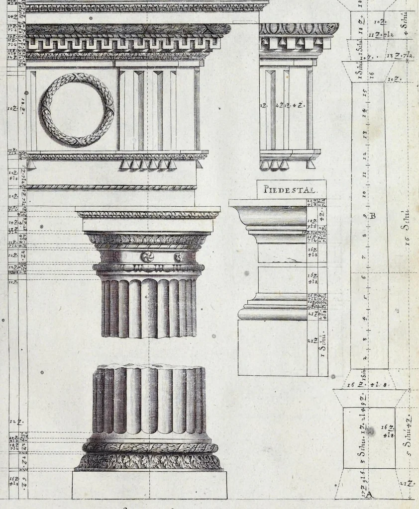 An illustration from L'Academia todesca della architectura, scultura & pittura, oder, Teutsche Academie der Edlen Bau- Bild- und Mahlerey-Künste : darinn enthalten ein gründlicher Unterricht von dieser dreyer Künste Eigenschaft, Lehr-Sätzen und Geheimnissen, von den Bau-Steinen und fünferley Bau-Arten, von den Statuen und ihrer Zugehör, von der Erfind- und Zeichnung ... neben aller Egyptischen, Griechischen, Römischen, Italiänischen, Hoch- und Nieder-Teutschen, auch anderer alten und neuen Virtuosen, Leben und fürnehmsten Kunst-Werken beschrieben : auch mit 38 Platten von der Architectur, 68 Alt-Römischen Statuen, ganz und halben Bildern, 74 Medaglionen, 180 Contrafäten durch die Hand der bästen heutigen Künstlere in Kupfer gezieret, 1675, leaf 38
