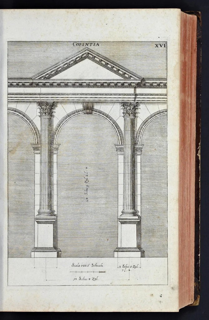 An illustration from L'Academia todesca della architectura, scultura & pittura, oder, Teutsche Academie der Edlen Bau- Bild- und Mahlerey-Künste : darinn enthalten ein gründlicher Unterricht von dieser dreyer Künste Eigenschaft, Lehr-Sätzen und Geheimnissen, von den Bau-Steinen und fünferley Bau-Arten, von den Statuen und ihrer Zugehör, von der Erfind- und Zeichnung ... neben aller Egyptischen, Griechischen, Römischen, Italiänischen, Hoch- und Nieder-Teutschen, auch anderer alten und neuen Virtuosen, Leben und fürnehmsten Kunst-Werken beschrieben : auch mit 38 Platten von der Architectur, 68 Alt-Römischen Statuen, ganz und halben Bildern, 74 Medaglionen, 180 Contrafäten durch die Hand der bästen heutigen Künstlere in Kupfer gezieret, 1675, leaf 54