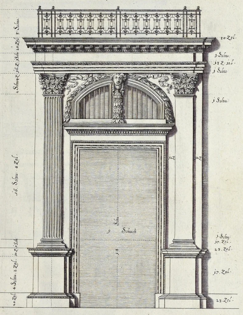 An illustration from L'Academia todesca della architectura, scultura & pittura, oder, Teutsche Academie der Edlen Bau- Bild- und Mahlerey-Künste : darinn enthalten ein gründlicher Unterricht von dieser dreyer Künste Eigenschaft, Lehr-Sätzen und Geheimnissen, von den Bau-Steinen und fünferley Bau-Arten, von den Statuen und ihrer Zugehör, von der Erfind- und Zeichnung ... neben aller Egyptischen, Griechischen, Römischen, Italiänischen, Hoch- und Nieder-Teutschen, auch anderer alten und neuen Virtuosen, Leben und fürnehmsten Kunst-Werken beschrieben : auch mit 38 Platten von der Architectur, 68 Alt-Römischen Statuen, ganz und halben Bildern, 74 Medaglionen, 180 Contrafäten durch die Hand der bästen heutigen Künstlere in Kupfer gezieret, 1675, leaf 58