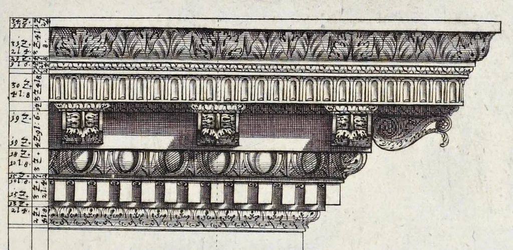 An illustration from L'Academia todesca della architectura, scultura & pittura, oder, Teutsche Academie der Edlen Bau- Bild- und Mahlerey-Künste : darinn enthalten ein gründlicher Unterricht von dieser dreyer Künste Eigenschaft, Lehr-Sätzen und Geheimnissen, von den Bau-Steinen und fünferley Bau-Arten, von den Statuen und ihrer Zugehör, von der Erfind- und Zeichnung ... neben aller Egyptischen, Griechischen, Römischen, Italiänischen, Hoch- und Nieder-Teutschen, auch anderer alten und neuen Virtuosen, Leben und fürnehmsten Kunst-Werken beschrieben : auch mit 38 Platten von der Architectur, 68 Alt-Römischen Statuen, ganz und halben Bildern, 74 Medaglionen, 180 Contrafäten durch die Hand der bästen heutigen Künstlere in Kupfer gezieret, 1675, leaf 66