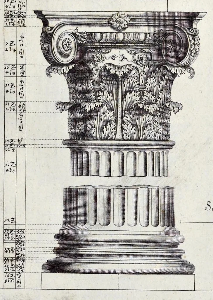 An illustration from L'Academia todesca della architectura, scultura & pittura, oder, Teutsche Academie der Edlen Bau- Bild- und Mahlerey-Künste : darinn enthalten ein gründlicher Unterricht von dieser dreyer Künste Eigenschaft, Lehr-Sätzen und Geheimnissen, von den Bau-Steinen und fünferley Bau-Arten, von den Statuen und ihrer Zugehör, von der Erfind- und Zeichnung ... neben aller Egyptischen, Griechischen, Römischen, Italiänischen, Hoch- und Nieder-Teutschen, auch anderer alten und neuen Virtuosen, Leben und fürnehmsten Kunst-Werken beschrieben : auch mit 38 Platten von der Architectur, 68 Alt-Römischen Statuen, ganz und halben Bildern, 74 Medaglionen, 180 Contrafäten durch die Hand der bästen heutigen Künstlere in Kupfer gezieret, 1675, leaf 66