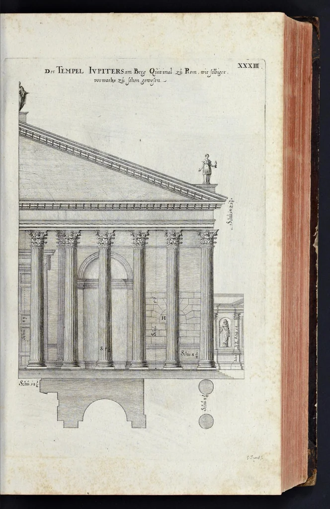 An illustration from L'Academia todesca della architectura, scultura & pittura, oder, Teutsche Academie der Edlen Bau- Bild- und Mahlerey-Künste : darinn enthalten ein gründlicher Unterricht von dieser dreyer Künste Eigenschaft, Lehr-Sätzen und Geheimnissen, von den Bau-Steinen und fünferley Bau-Arten, von den Statuen und ihrer Zugehör, von der Erfind- und Zeichnung ... neben aller Egyptischen, Griechischen, Römischen, Italiänischen, Hoch- und Nieder-Teutschen, auch anderer alten und neuen Virtuosen, Leben und fürnehmsten Kunst-Werken beschrieben : auch mit 38 Platten von der Architectur, 68 Alt-Römischen Statuen, ganz und halben Bildern, 74 Medaglionen, 180 Contrafäten durch die Hand der bästen heutigen Künstlere in Kupfer gezieret, 1675, leaf 88