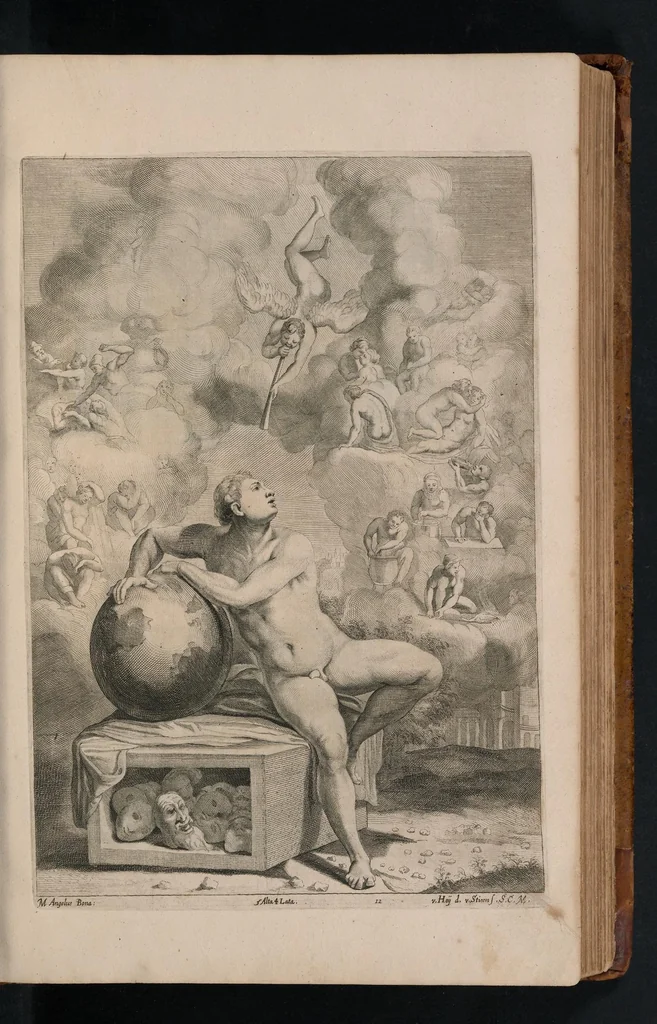 An illustration from Davidis Teniers Antuerpiensis, pictoris, et a cubiculis ser.mis principibus Leopoldo Guil. archiduci et Ioanni Austriaco, Theatrum pictorium : in quo exhibentur ipsius manu delineatae, eiusque curâ in aes incisae picturae archetipae italicae, quas ipse ser.mus archidux in pinacothecam suam Bruxellis collegit, 1660, leaf 34
