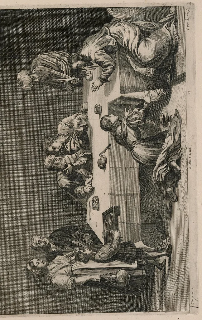 An illustration from Davidis Teniers Antuerpiensis, pictoris, et a cubiculis ser.mis principibus Leopoldo Guil. archiduci et Ioanni Austriaco, Theatrum pictorium : in quo exhibentur ipsius manu delineatae, eiusque curâ in aes incisae picturae archetipae italicae, quas ipse ser.mus archidux in pinacothecam suam Bruxellis collegit, 1660, leaf 44
