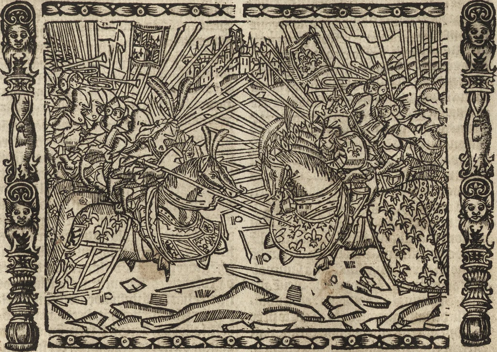An illustration from Dits die excellente Cronike vā vlaenderē Beghinnende vā Liederick Buc den eersten Forestier tot dē laetstē, die door haer vrome feytē, namaels Grauē vā Vlaendrē ghemaect wordē, achteruolghende die rechte afcomste der voorsz grauē, tot desen onsen doorluchtichstē hoochghborē Keyser Karolo altijt v'meerder des rijcx geborē te Ghendt, etc, 1531, leaf 104