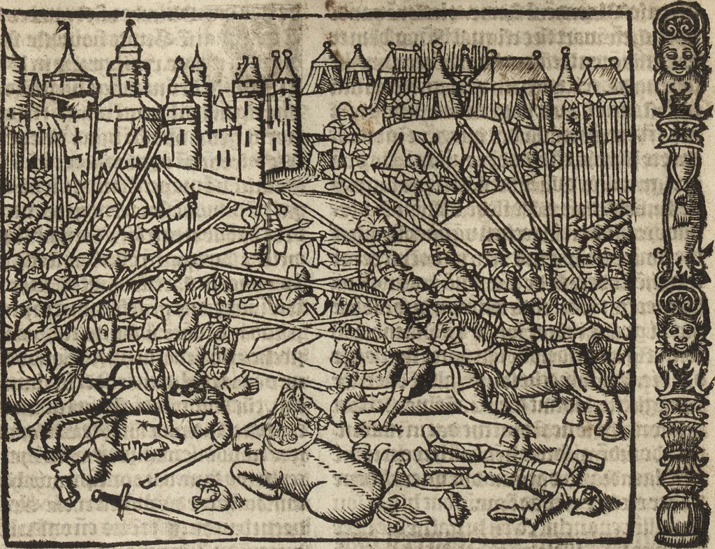 An illustration from Dits die excellente Cronike vā vlaenderē Beghinnende vā Liederick Buc den eersten Forestier tot dē laetstē, die door haer vrome feytē, namaels Grauē vā Vlaendrē ghemaect wordē, achteruolghende die rechte afcomste der voorsz grauē, tot desen onsen doorluchtichstē hoochghborē Keyser Karolo altijt v'meerder des rijcx geborē te Ghendt, etc, 1531, leaf 110