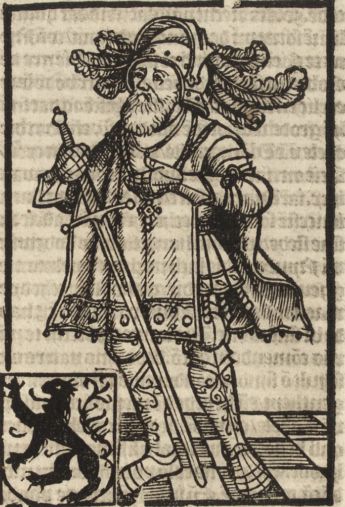 An illustration from Dits die excellente Cronike vā vlaenderē Beghinnende vā Liederick Buc den eersten Forestier tot dē laetstē, die door haer vrome feytē, namaels Grauē vā Vlaendrē ghemaect wordē, achteruolghende die rechte afcomste der voorsz grauē, tot desen onsen doorluchtichstē hoochghborē Keyser Karolo altijt v'meerder des rijcx geborē te Ghendt, etc, 1531, leaf 113