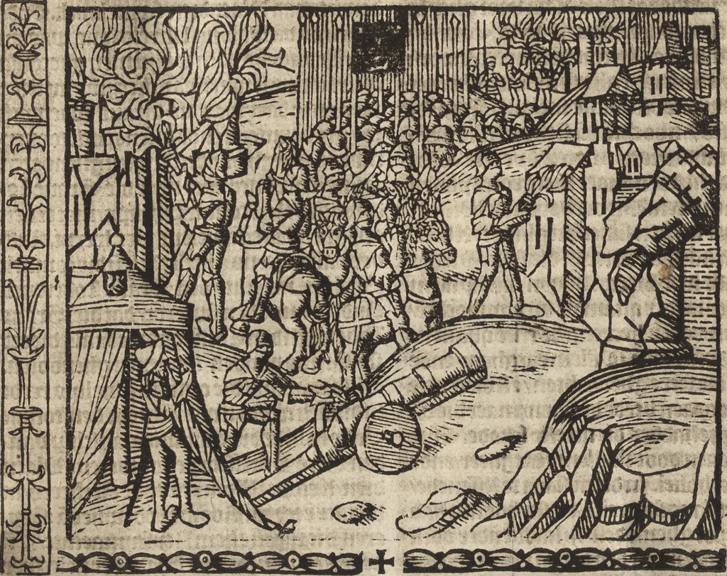An illustration from Dits die excellente Cronike vā vlaenderē Beghinnende vā Liederick Buc den eersten Forestier tot dē laetstē, die door haer vrome feytē, namaels Grauē vā Vlaendrē ghemaect wordē, achteruolghende die rechte afcomste der voorsz grauē, tot desen onsen doorluchtichstē hoochghborē Keyser Karolo altijt v'meerder des rijcx geborē te Ghendt, etc, 1531, leaf 123
