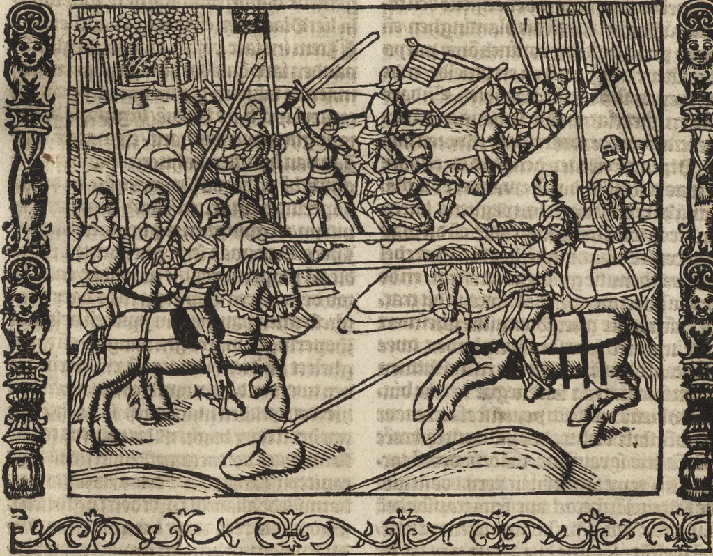 An illustration from Dits die excellente Cronike vā vlaenderē Beghinnende vā Liederick Buc den eersten Forestier tot dē laetstē, die door haer vrome feytē, namaels Grauē vā Vlaendrē ghemaect wordē, achteruolghende die rechte afcomste der voorsz grauē, tot desen onsen doorluchtichstē hoochghborē Keyser Karolo altijt v'meerder des rijcx geborē te Ghendt, etc, 1531, leaf 125