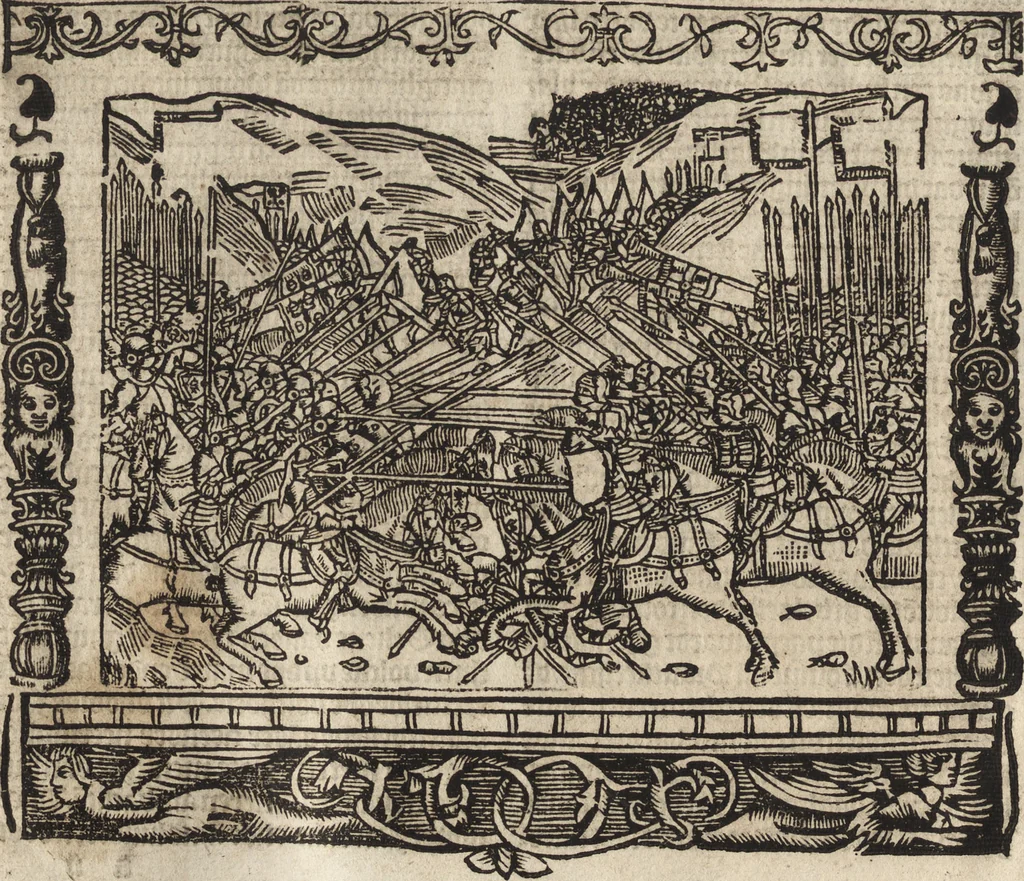 An illustration from Dits die excellente Cronike vā vlaenderē Beghinnende vā Liederick Buc den eersten Forestier tot dē laetstē, die door haer vrome feytē, namaels Grauē vā Vlaendrē ghemaect wordē, achteruolghende die rechte afcomste der voorsz grauē, tot desen onsen doorluchtichstē hoochghborē Keyser Karolo altijt v'meerder des rijcx geborē te Ghendt, etc, 1531, leaf 127