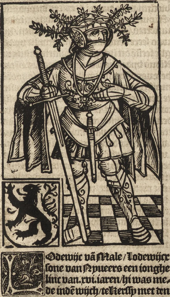 An illustration from Dits die excellente Cronike vā vlaenderē Beghinnende vā Liederick Buc den eersten Forestier tot dē laetstē, die door haer vrome feytē, namaels Grauē vā Vlaendrē ghemaect wordē, achteruolghende die rechte afcomste der voorsz grauē, tot desen onsen doorluchtichstē hoochghborē Keyser Karolo altijt v'meerder des rijcx geborē te Ghendt, etc, 1531, leaf 130