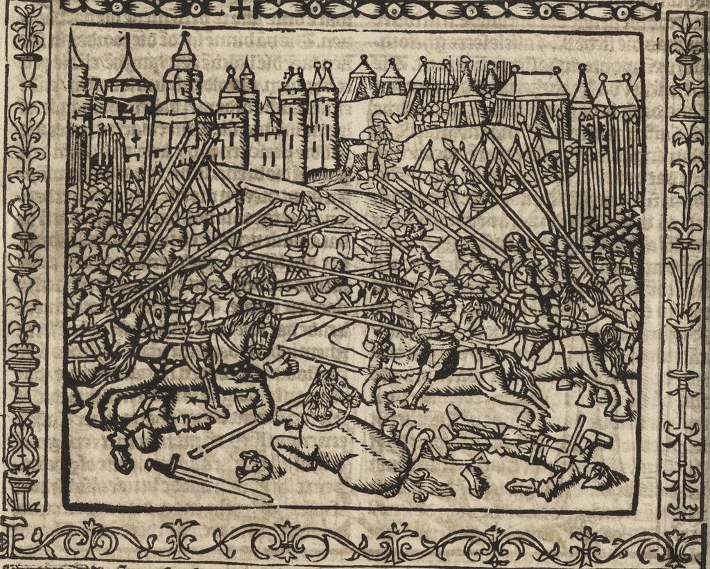 An illustration from Dits die excellente Cronike vā vlaenderē Beghinnende vā Liederick Buc den eersten Forestier tot dē laetstē, die door haer vrome feytē, namaels Grauē vā Vlaendrē ghemaect wordē, achteruolghende die rechte afcomste der voorsz grauē, tot desen onsen doorluchtichstē hoochghborē Keyser Karolo altijt v'meerder des rijcx geborē te Ghendt, etc, 1531, leaf 133