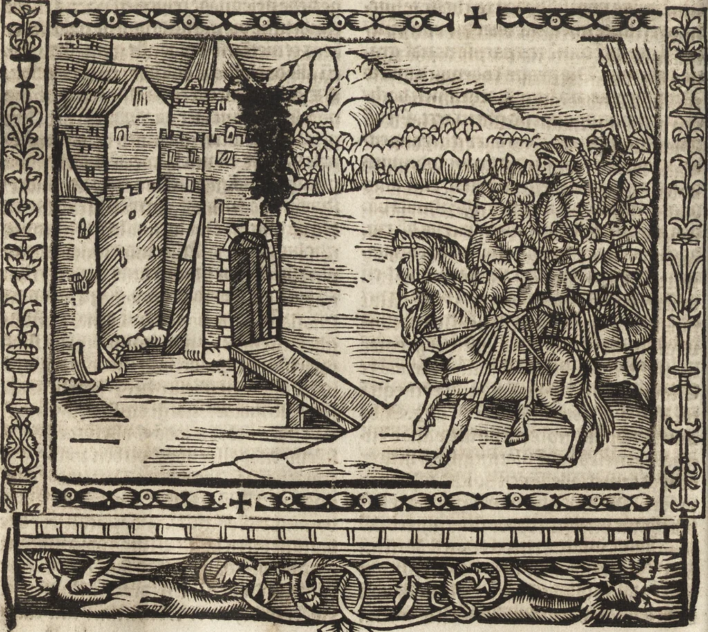 An illustration from Dits die excellente Cronike vā vlaenderē Beghinnende vā Liederick Buc den eersten Forestier tot dē laetstē, die door haer vrome feytē, namaels Grauē vā Vlaendrē ghemaect wordē, achteruolghende die rechte afcomste der voorsz grauē, tot desen onsen doorluchtichstē hoochghborē Keyser Karolo altijt v'meerder des rijcx geborē te Ghendt, etc, 1531, leaf 137
