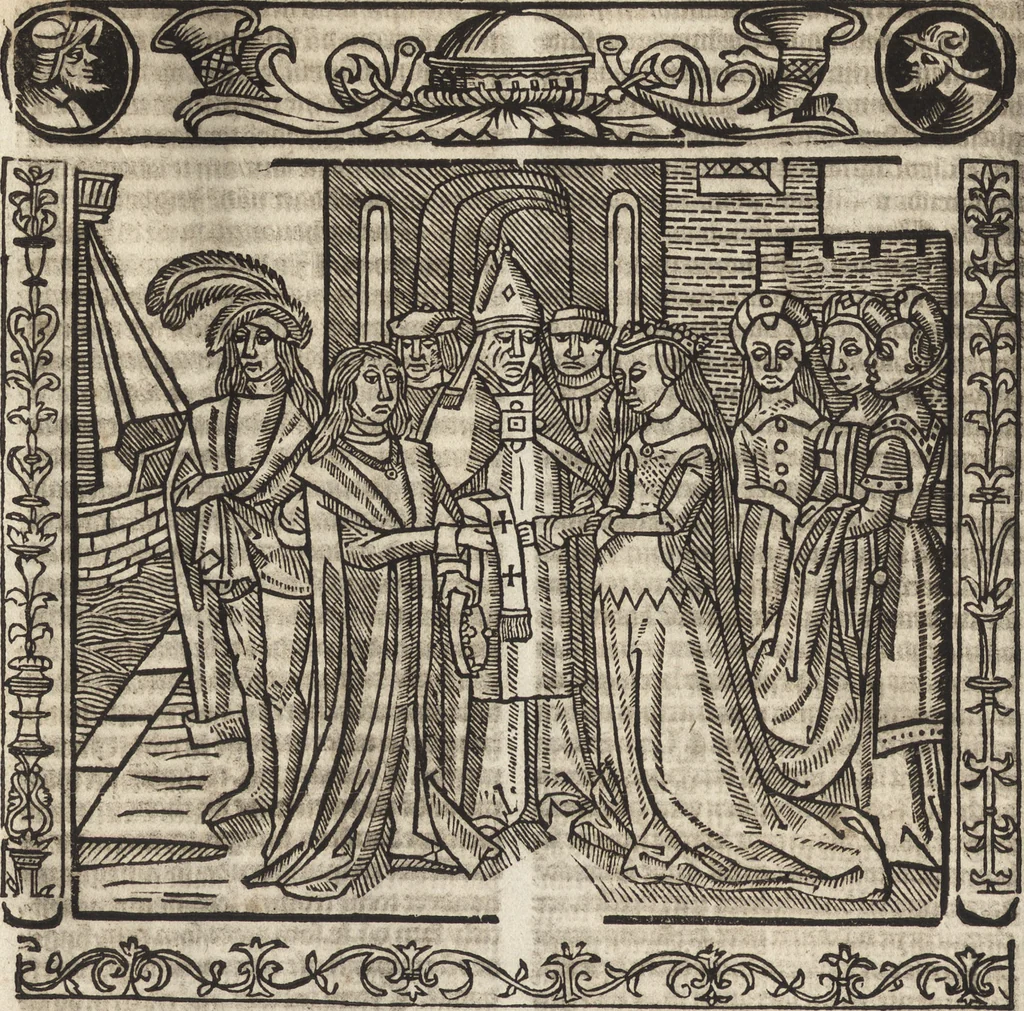 An illustration from Dits die excellente Cronike vā vlaenderē Beghinnende vā Liederick Buc den eersten Forestier tot dē laetstē, die door haer vrome feytē, namaels Grauē vā Vlaendrē ghemaect wordē, achteruolghende die rechte afcomste der voorsz grauē, tot desen onsen doorluchtichstē hoochghborē Keyser Karolo altijt v'meerder des rijcx geborē te Ghendt, etc, 1531, leaf 143