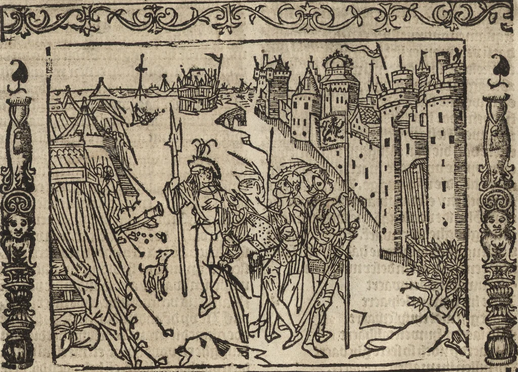 An illustration from Dits die excellente Cronike vā vlaenderē Beghinnende vā Liederick Buc den eersten Forestier tot dē laetstē, die door haer vrome feytē, namaels Grauē vā Vlaendrē ghemaect wordē, achteruolghende die rechte afcomste der voorsz grauē, tot desen onsen doorluchtichstē hoochghborē Keyser Karolo altijt v'meerder des rijcx geborē te Ghendt, etc, 1531, leaf 148