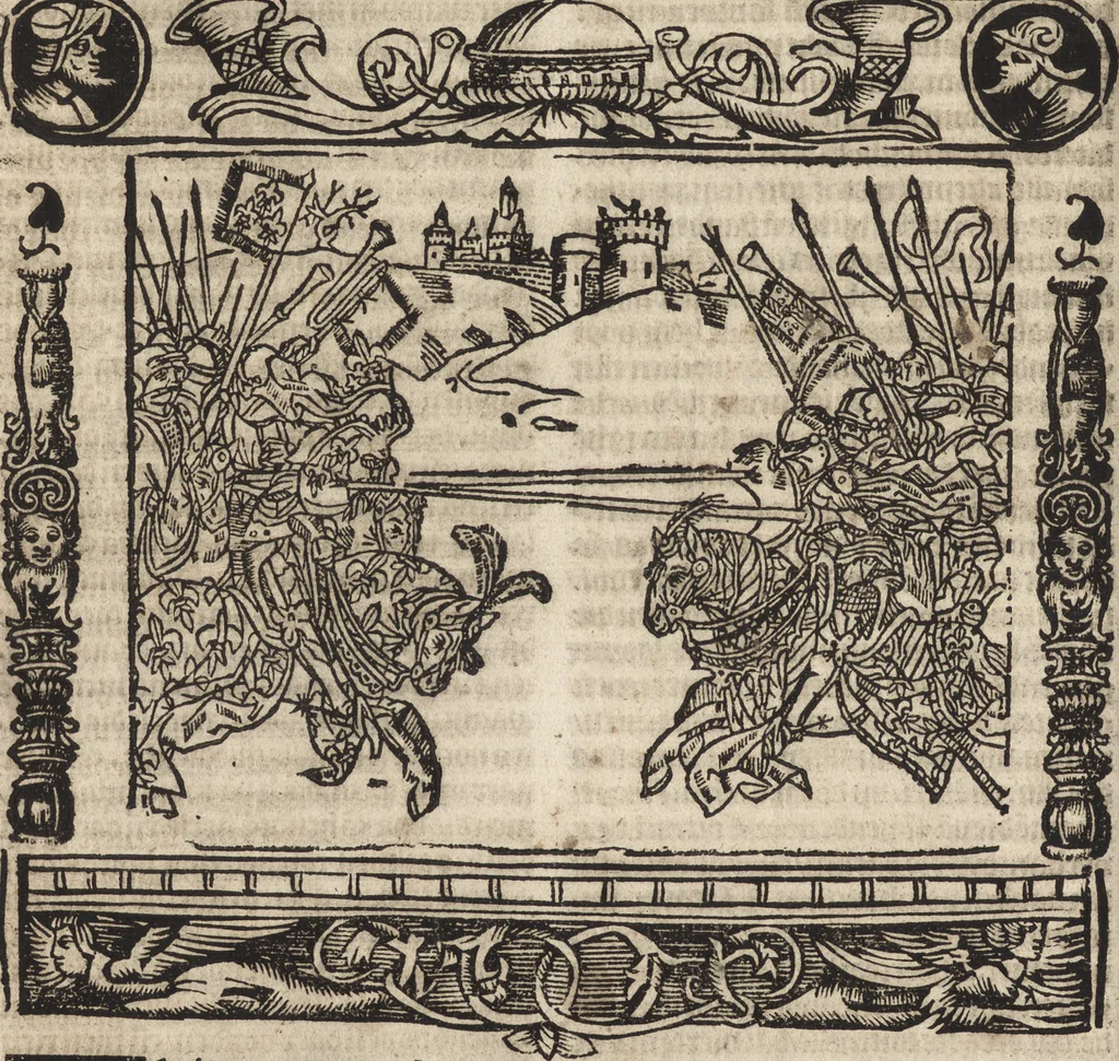 An illustration from Dits die excellente Cronike vā vlaenderē Beghinnende vā Liederick Buc den eersten Forestier tot dē laetstē, die door haer vrome feytē, namaels Grauē vā Vlaendrē ghemaect wordē, achteruolghende die rechte afcomste der voorsz grauē, tot desen onsen doorluchtichstē hoochghborē Keyser Karolo altijt v'meerder des rijcx geborē te Ghendt, etc, 1531, leaf 151